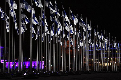 Suomen lippuja kahdessa rivissä Kauppatorilla.