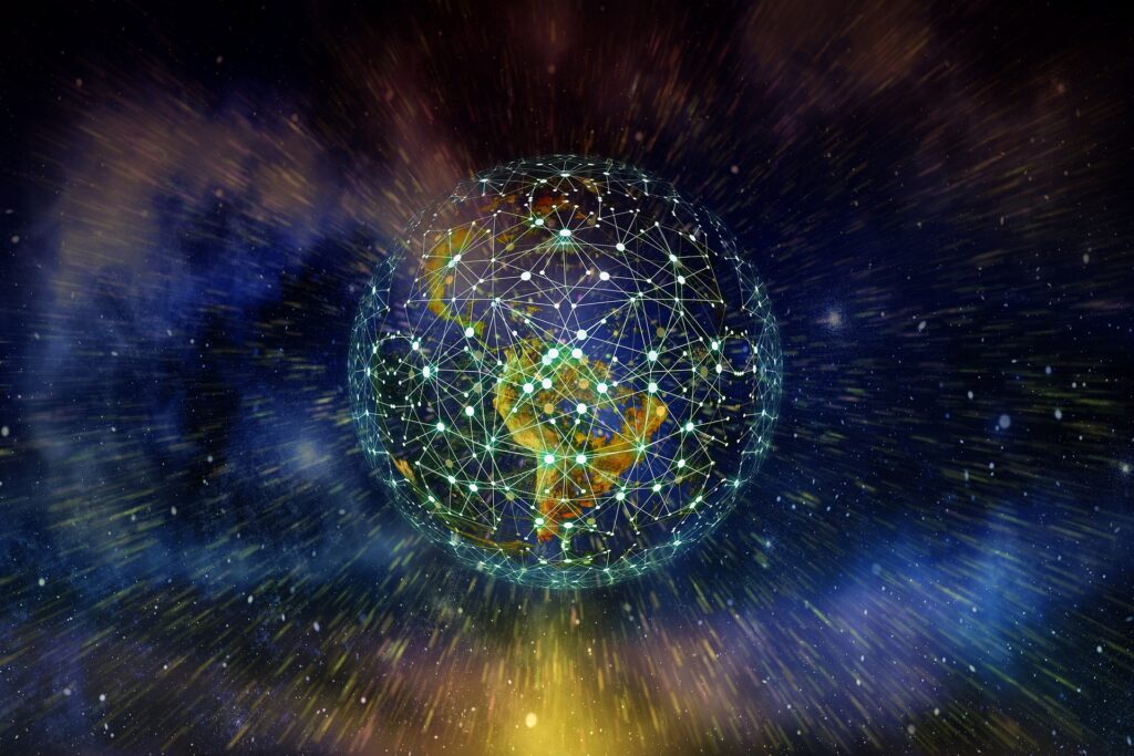 Kuvituskuva, jossa maapallo tietoverkkoa kuvaavan valoverkon keskellä